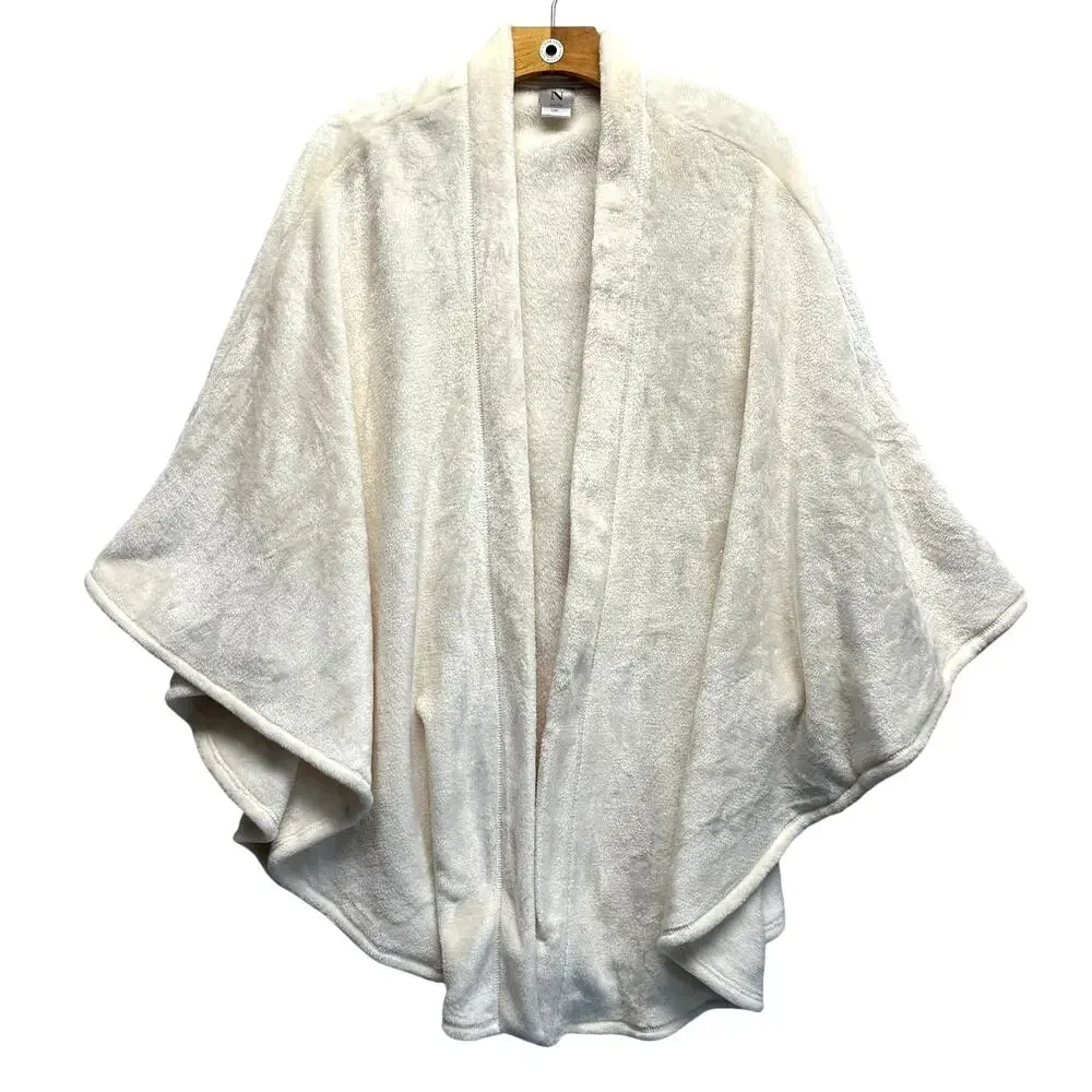 Natori Cozy Cream Plush Kimono Wrap Shawl | L/XL Soft Lounge Cardigan